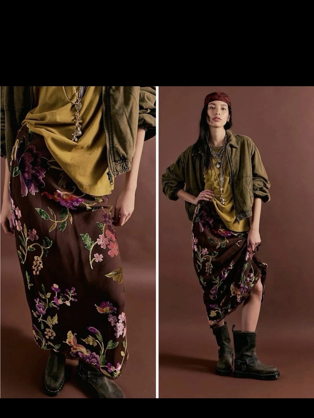 Free People Chocolate Brown Floral Embroidered Midi Skirt - Picture 2 of 5